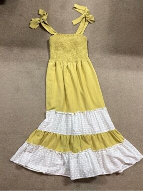Smocked Tie-Shoulder Yellow Maxi Dress with White Eyelet Ruffle